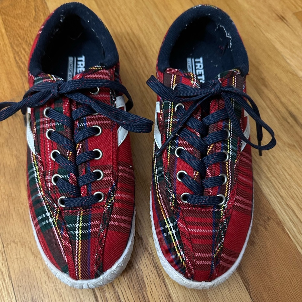 Tretorn ladies’ sneakers.  Red and blue plaid size 6.